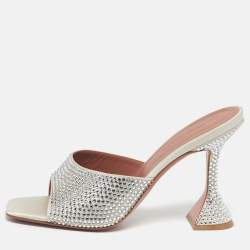 Pre Owned Amina Muaddi Silver Satin Crystals Embellish lupita Slide Sandals Size 37.5