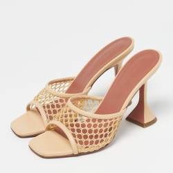 Pre Owned Amina Muaddi Beige Leather and Net Lupita Slide Sandals Size 39