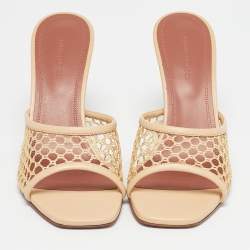 Pre Owned Amina Muaddi Beige Leather and Net Lupita Slide Sandals Size 39