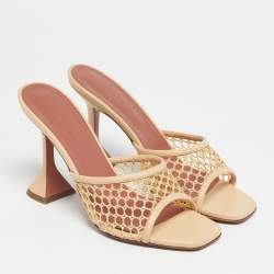 Pre Owned Amina Muaddi Beige Leather and Net Lupita Slide Sandals Size 39