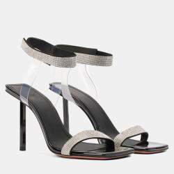 Pre Owned Amina Muaddi Rih Black Patent White Crystal Mesh Black Lacquer Metal Heel Size 36