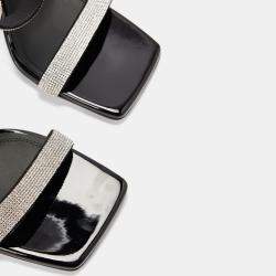 Pre Owned Amina Muaddi Rih Black Patent White Crystal Mesh Black Lacquer Metal Heel Size 36