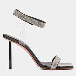 Pre Owned Amina Muaddi Rih Black Patent White Crystal Mesh Black Lacquer Metal Heel Size 36