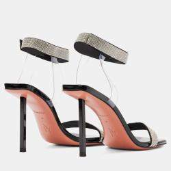 Pre Owned Amina Muaddi Rih Black Patent White Crystal Mesh Black Lacquer Metal Heel Size 36