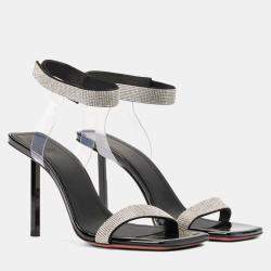 Pre Owned Amina Muaddi Rih Black Patent White Crystal Mesh Black Lacquer Metal Heel 95 Mm EU 38