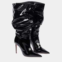Pre Owned Amina Muaddi Jahleel Latex Black Leather Ankle Boots EU 39