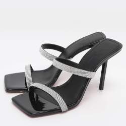 مملوكة مسبقًا Amina Muaddi Rih Size 37.5 Silver/Black Glitter Slide Sandals