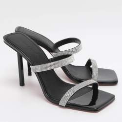 مملوكة مسبقًا Amina Muaddi Rih Size 37.5 Silver/Black Glitter Slide Sandals