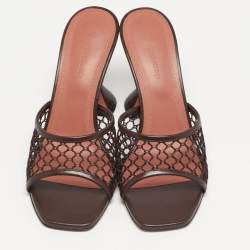 Pre Owned Amina Muaddi lupita Size 37.5 Brown Leather and Mesh Slide Sandals