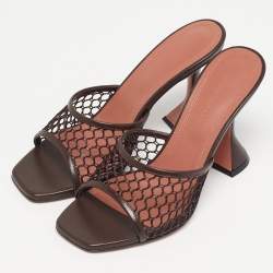 Pre Owned Amina Muaddi lupita Size 37.5 Brown Leather and Mesh Slide Sandals