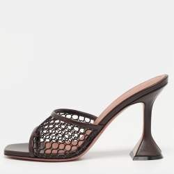 مملوكة مسبقًا Amina Muaddi lupita Size 37.5 Brown Leather and Mesh Slide Sandals