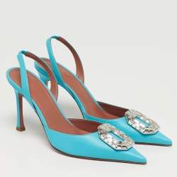 Pre Owned حذاء كعب عالي أمينة معادي كاميليا أزرق مائي مرصع بالكريستال مقدمة مدببة حزام خلفي مقاس 39.5