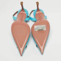 Pre Owned حذاء كعب عالي أمينة معادي كاميليا أزرق مائي مرصع بالكريستال مقدمة مدببة حزام خلفي مقاس 39.5