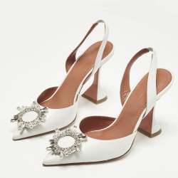 Pre Owned Amina Muaddi Begum Size 38 White Leather Slingback Pumps
