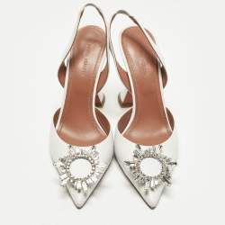 Pre Owned Amina Muaddi Begum Size 38 White Leather Slingback Pumps