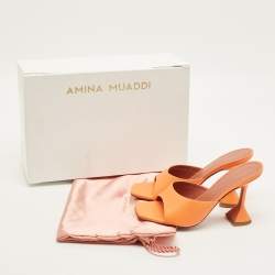Pre Owned Amina Muaddi Lupita Size 37.5 Orange Leather Slide Sandals
