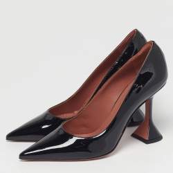 Pre Owned Amina Muaddi Ami Size 37.5 Black Patent Leather Pumps