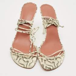 Pre Owned Amina Muaddi Lori Size 40.5 Cream/Brown Snakeskin Embossed Leather Ankle Wrap Sandals