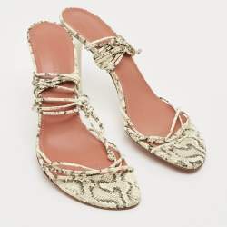 Pre Owned Amina Muaddi Lori Size 40.5 Cream/Brown Snakeskin Embossed Leather Ankle Wrap Sandals