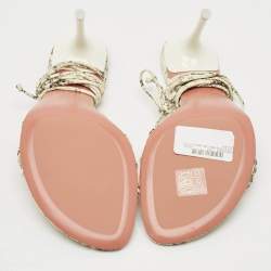 Pre Owned Amina Muaddi Lori Size 40.5 Cream/Brown Snakeskin Embossed Leather Ankle Wrap Sandals