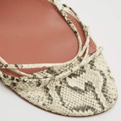Pre Owned Amina Muaddi Lori Size 40.5 Cream/Brown Snakeskin Embossed Leather Ankle Wrap Sandals