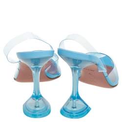 Pre Owned Amina Muaddi Blue PVC And Leather Holli Glass Slingback Pumps Size 39