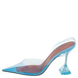 Pre Owned Amina Muaddi Blue PVC And Leather Holli Glass Slingback Pumps Size 39