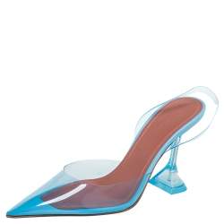 Pre Owned Amina Muaddi Blue PVC And Leather Holli Glass Slingback Pumps Size 39