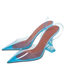 Pre Owned Amina Muaddi Blue PVC And Leather Holli Glass Slingback Pumps Size 39
