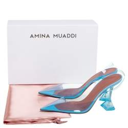 Pre Owned Amina Muaddi Blue PVC And Leather Holli Glass Slingback Pumps Size 39