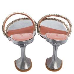 Pre Owned Amina Muaddi Silver Fabric Gilda Sandals Size 38.5