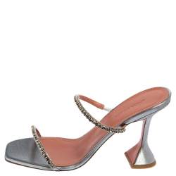 Pre Owned Amina Muaddi Silver Fabric Gilda Sandals Size 38.5