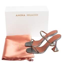 Pre Owned Amina Muaddi Silver Fabric Gilda Sandals Size 38.5