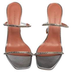 Pre Owned Amina Muaddi Silver Fabric Gilda Sandals Size 38.5