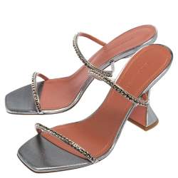 Pre Owned Amina Muaddi Silver Fabric Gilda Sandals Size 38.5