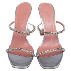 Pre Owned Amina Muaddi Silver Lurex Fabric Gilda Sandals Size 39