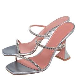 Pre Owned Amina Muaddi Silver Lurex Fabric Gilda Sandals Size 39