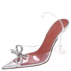 Pre Owned Amina Muaddi Silver Rosie Crystal Embellished PVC Pointed Toe Slingback Sandals Size 37