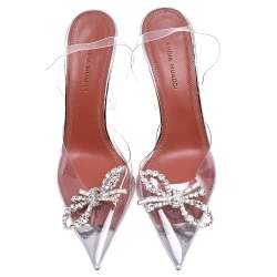Pre Owned Amina Muaddi Silver Rosie Crystal Embellished PVC Pointed Toe Slingback Sandals Size 37