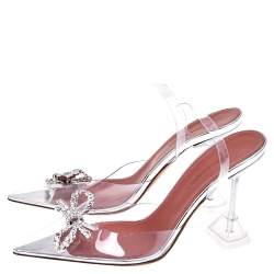 Pre Owned Amina Muaddi Silver Rosie Crystal Embellished PVC Pointed Toe Slingback Sandals Size 37