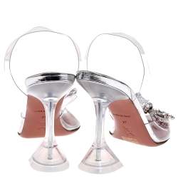 Pre Owned Amina Muaddi Silver Rosie Crystal Embellished PVC Pointed Toe Slingback Sandals Size 37