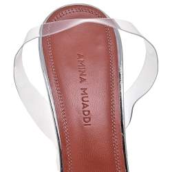 Pre Owned Amina Muaddi Silver Rosie Crystal Embellished PVC Pointed Toe Slingback Sandals Size 37