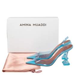 Pre Owned Amina Muaddi Blue PVC And Leather Holli Glass Slingback Pumps Size 39