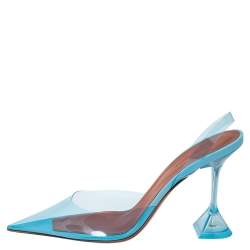 Pre Owned Amina Muaddi Blue PVC And Leather Holli Glass Slingback Pumps Size 39