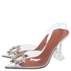 Pre Owned Amina Muaddi Silver PVC  Crystal-Embellished Slingback Pumps Size 38