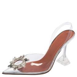 Pre Owned Amina Muaddi Silver PVC  Crystal-Embellished Slingback Pumps Size 38