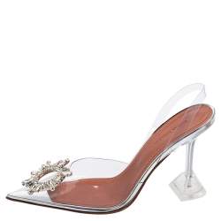 Pre Owned Amina Muaddi Silver PVC  Crystal-Embellished Slingback Pumps Size 38
