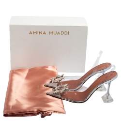 Pre Owned Amina Muaddi Silver PVC  Crystal-Embellished Slingback Pumps Size 38