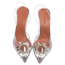 Pre Owned Amina Muaddi Silver PVC  Crystal-Embellished Slingback Pumps Size 38