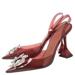 Pre Owned Amina Muaddi Burgundy PVC Begum Glass Slingback Pumps Size 38.5
